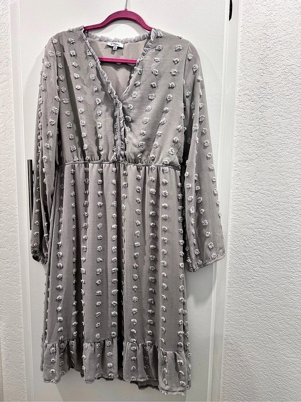 Polagram Opal Swiss Dot Ruffle V-Neck Dress Grey Blue Large L